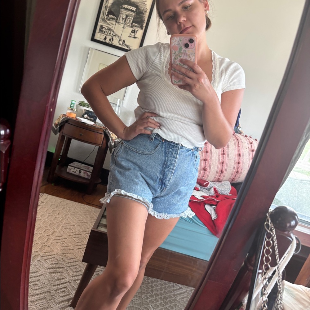 Vintage Blue High Waist Denim Shorts with Eyelet Lace Hem